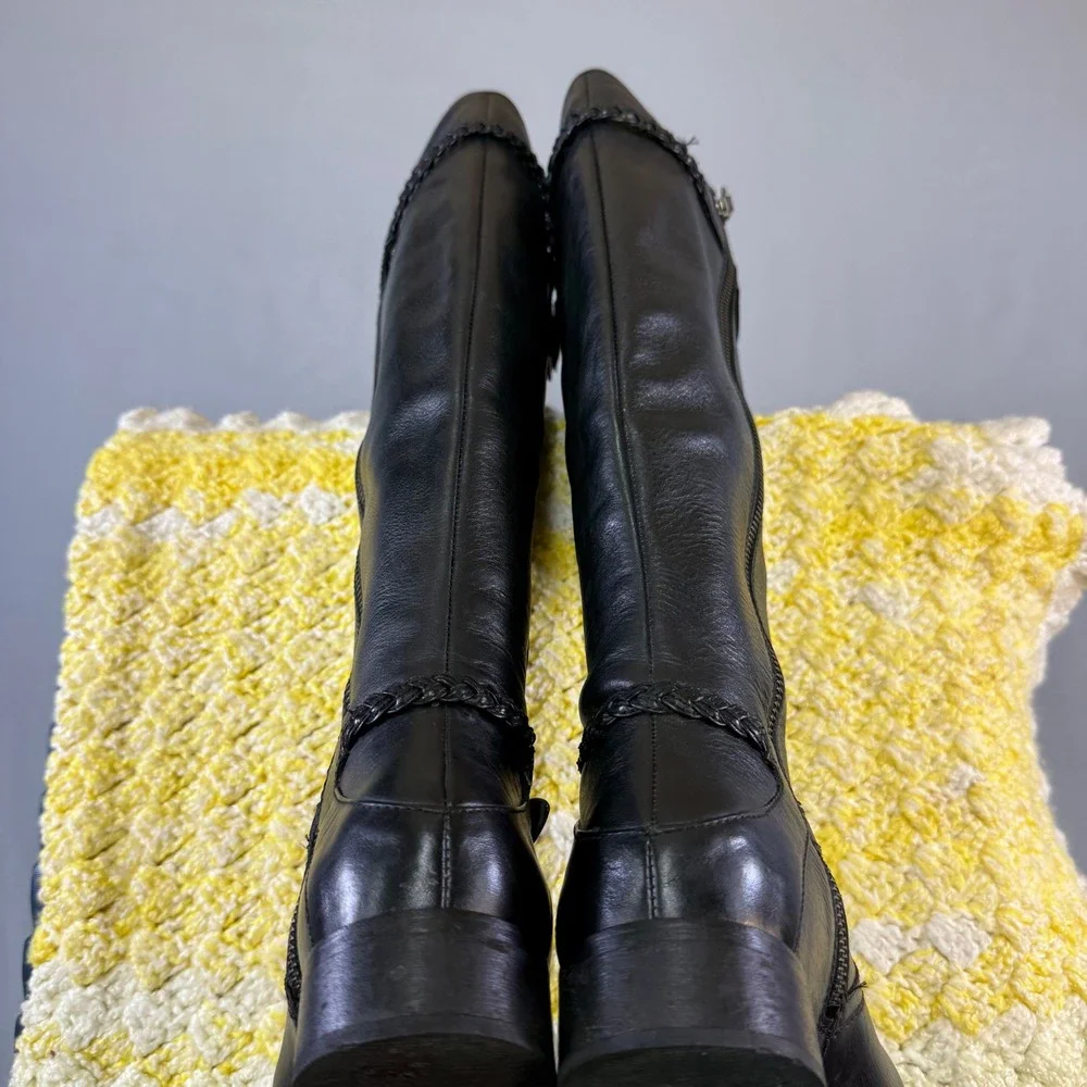 Black Leather Knee Hi Riding Boots Side Zip Buckle Detail Women's Size 7M Thask‎
